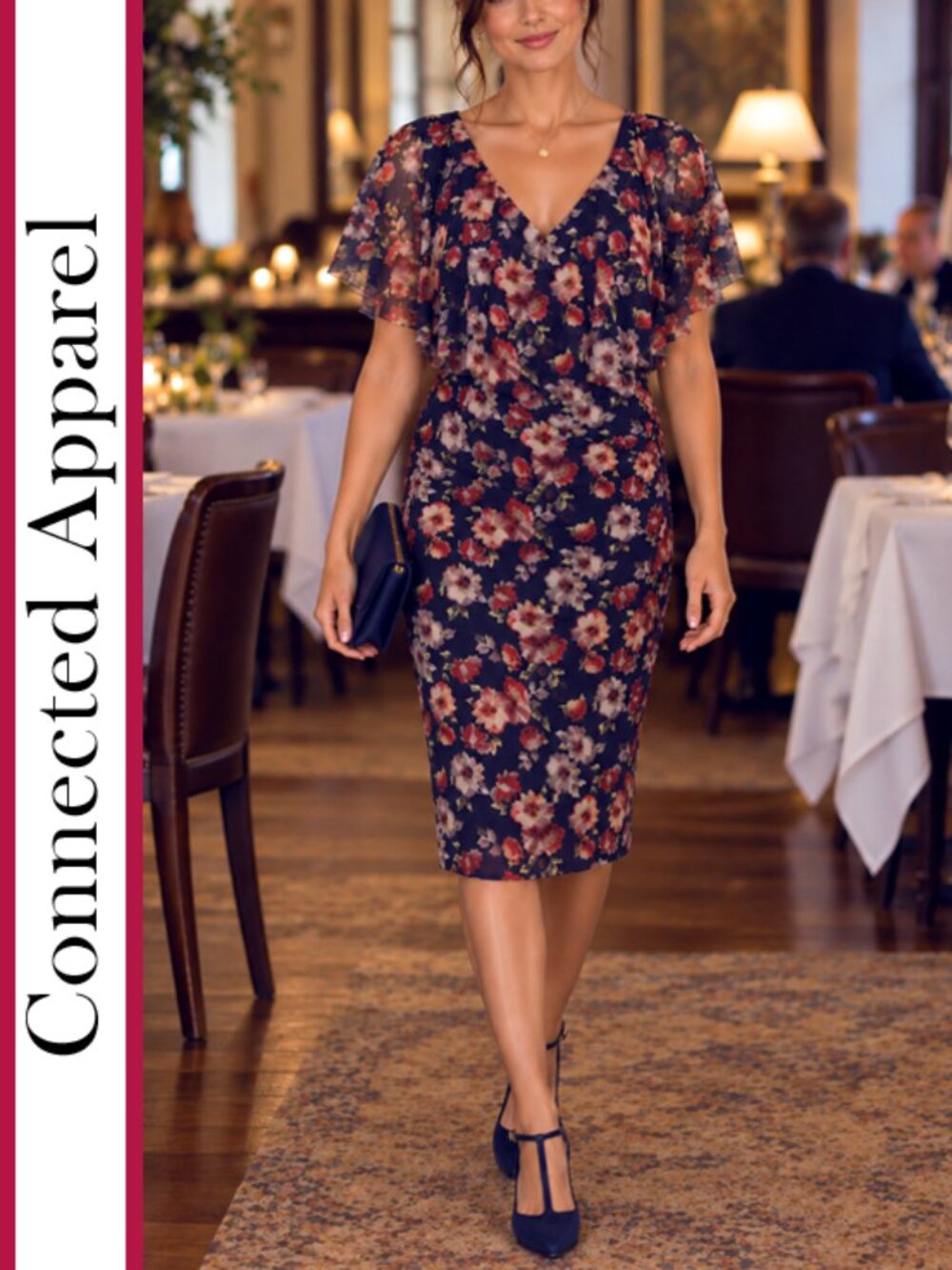 Connected Apparel | Floral Print Mesh Flutter Sleeve Dress